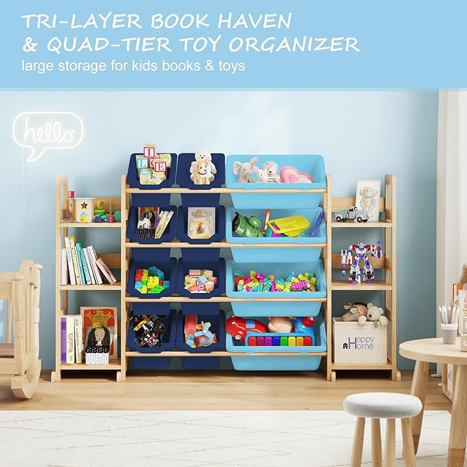EXPERLAM Extra Large Toy Storage - Toy Storage Organizer, Wooden Toy Organizer with 6 Side Shelves and 12 Bins, 3-in-1 Booksh