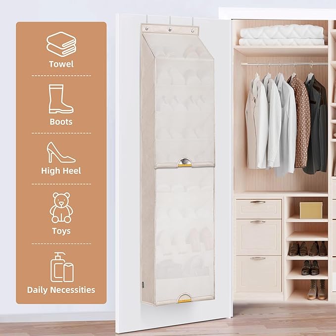 STORAGE MANIAC Over the Door Shoe Organizer with Curtain Dustproof Heavy-Duty Large Deep Pocket Hanging Shoe Organizer for Cl