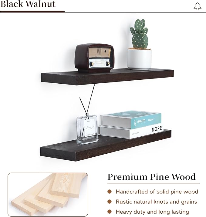 Marsmiles Wood Floating Shelves | 24 Inch Dark Wood Wall Shelves Set of 2 | 24" W x 6.7" D Rustic Wooden Shelves for Bathroom
