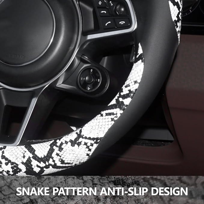 ZHOL Snake Skin Steering Wheel Cover Leather 14.5-15 Inch, Reversible Car Steering Wheel Cover for Women Men, Anti-Slip Desig