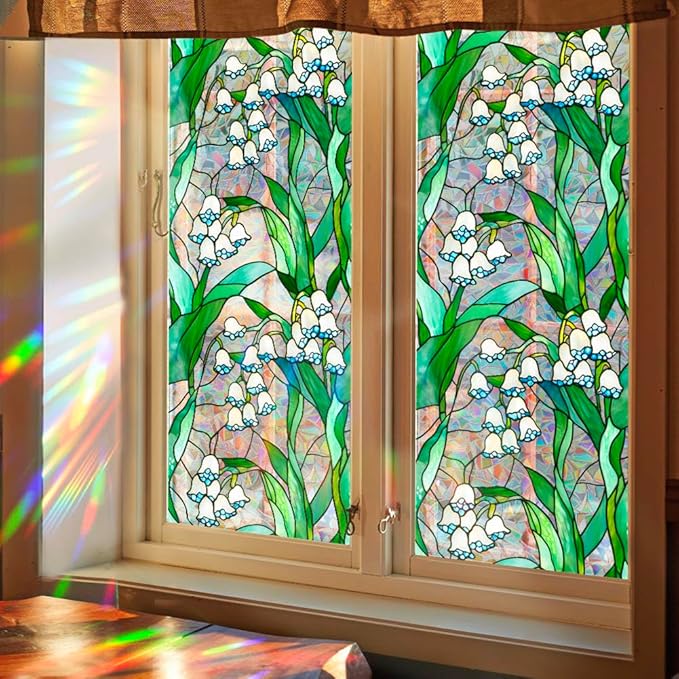 JOONOR Retro Lily of The Valley Window Privacy Film,Stained Glass Decals Colorful Floral Privacy Rainbow Decals Living Room Sun Blocking Decor Removable Static Cling Stickers,16.93 x 39.37 Inch