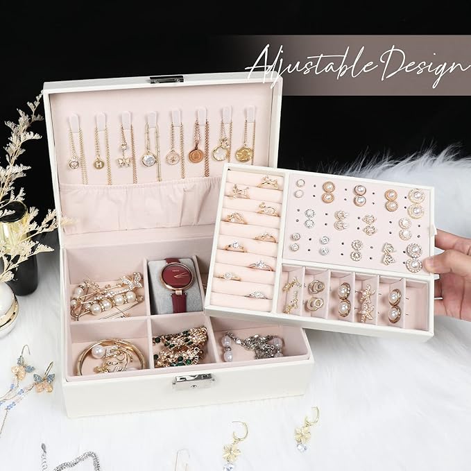 Jewelry Box for Women Girls, 2 Layers Jewelry Organizer Container with Lock, PU Leather Storage Case with Removable Tray, Jew