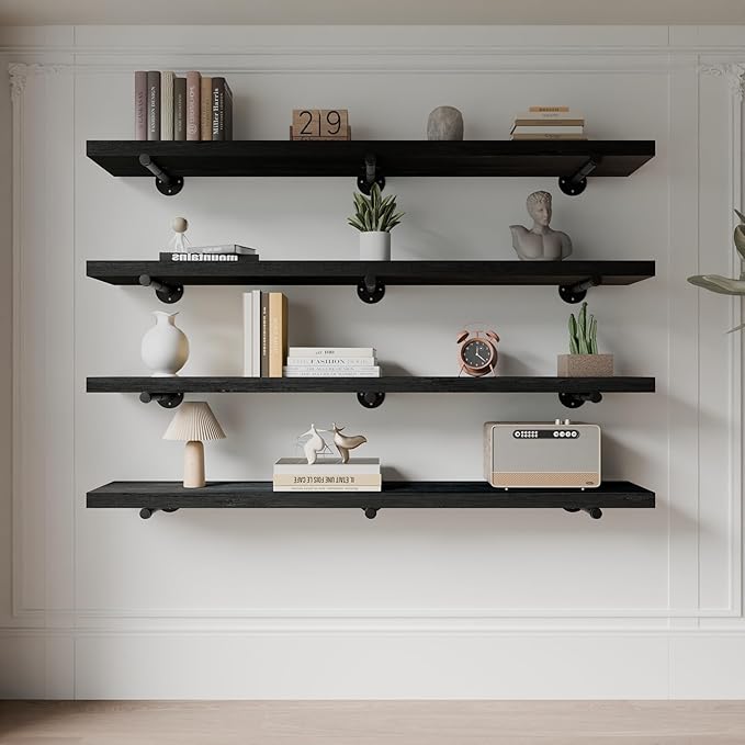 Industrial Pipe Wall Wood Shelves,Real Long Wooden Shelves 60",11.8" Extra Width, Modern Floating Shevles for Wall Bookshelf 