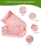 HUUSMOT 2-Pack Small Pastel Plastic Storage Baskets, Collapsible Crates for Organizing, Space-Saving Mini Bins for Classroom,