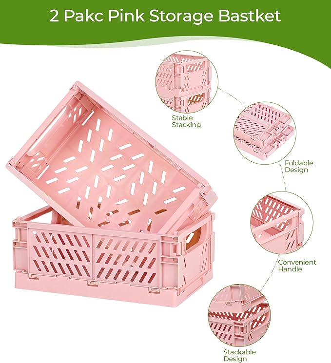 HUUSMOT 4-Pack Small Pastel Plastic Storage Baskets, Collapsible Crates for Organizing, Space-Saving Mini Bins for Classroom,