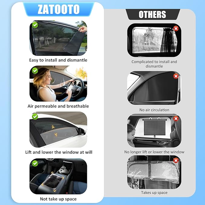 ZATOOTO Car Side Window Sun Shade 4 Pack, Window Shades for Baby Magnetic Mesh Sun Shade Protection from Heat and UV for Sleeping, Camping, Breastfeeding