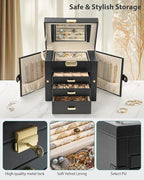 AKOZLIN 4-Tier Jewelry Box Leather Jewelry Storage Organizer with 3 Drawers Lockable for Women Girls Ring Necklace Earring Br