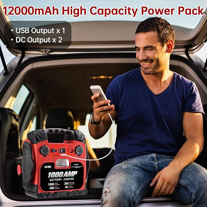 BS ONE 1000 Amp Peak Current Car Jump Stater, 12V Lead Acid Battey Jump Box with 260PSI Air Compressor, Jump Starter Battery