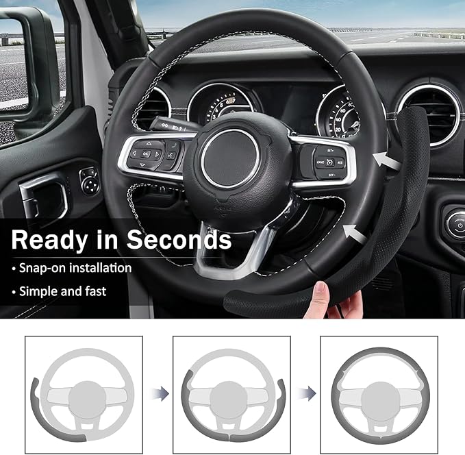 3-Piece Leather Steering Wheel Cover, Custom Fit for Jeep Wrangler 2018-2026 Gladiator 2020-2026,Quick Install Ultra-Thin & Non-Slip,Interior Car Accessories for Men Women(Black Hole)