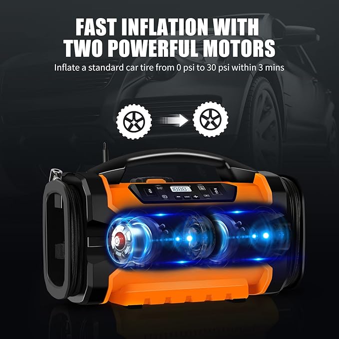 WORKSITE Tire Inflator Air compressor Portable, 160 PSI Car Tire Pump with 3 Power Supply (110V AC, 12V DC & 20V Battery) for cars, bikes, balls,Orange
