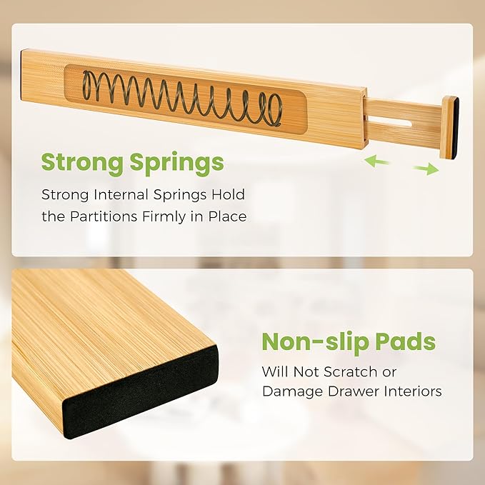 Fyvva Drawer Divider, Adjustable Bamboo Kitchen Drawer Organizer, Spring Loaded Drawer Organizer, Dresser Separators for Kitc