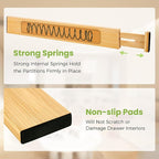 Fyvva Drawer Divider, Adjustable Bamboo Kitchen Drawer Organizer, Spring Loaded Drawer Organizer, Dresser Separators for Kitc