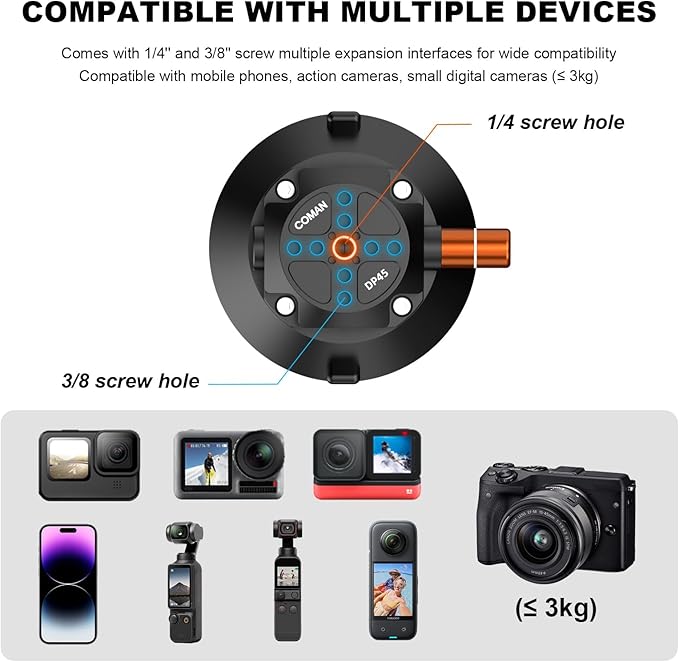 COMAN 4.5'' Suction Cup Camera Mount with Ball Head Magic Arm, Metal Camera Suction Mount for Action Cameras iPhone, Quick Release Car Mount with 1/4" & 3/8" Mounting Holes for Car Windshield Window
