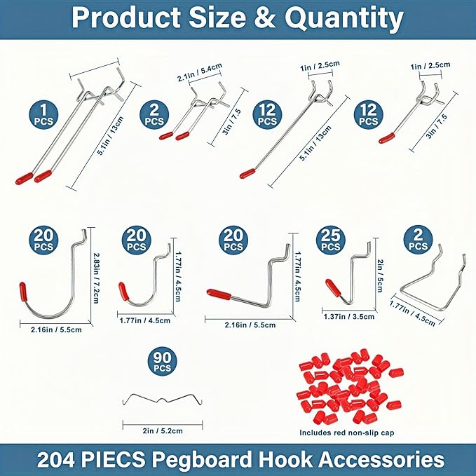 204 peg Board Hooks for Hanging - pegboard Accessories and Hangers for 1/6 & 1/8 inch peg Board Organizer Accessories - Ideal