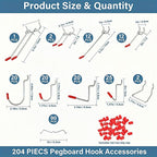 204 peg Board Hooks for Hanging - pegboard Accessories and Hangers for 1/6 & 1/8 inch peg Board Organizer Accessories - Ideal