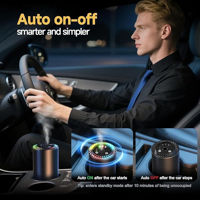 Smart Car Air Freshener with Star Light & 150ml Diffusers Oil Refills, Auto On/Off Aroma Diffuser, 3 Adjustable Modes Recharg