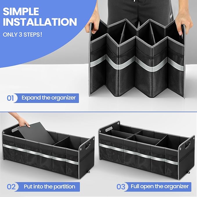 Car Trunk Organizer, Car Storage Organizer, Collapsible Multi Compartment for Car, Suv, Sedan, Truck, 100L, Extra Larger