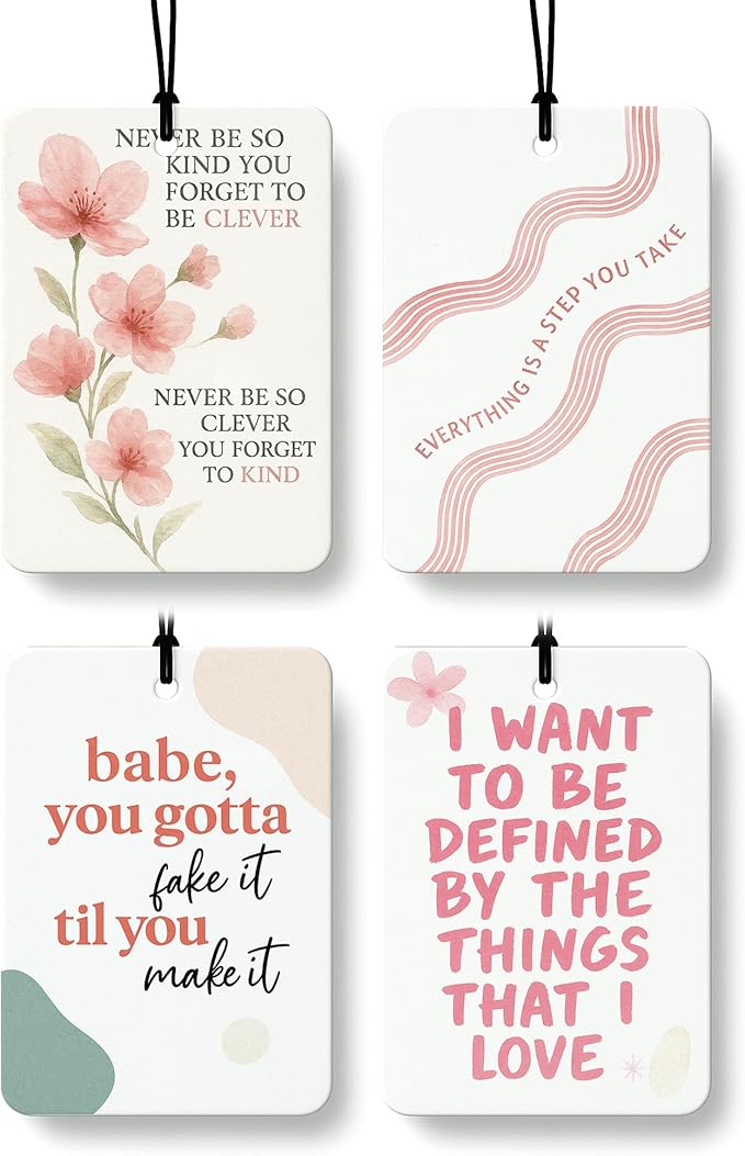 Boho Pink Floral Inspirational Car Air Freshener 4 Pcs, Preppy Girly Motivational Quotes Hanging Air Freshener for Cars Close