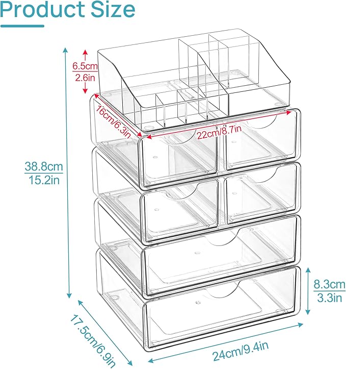 Vtopmart 5 Tier Clear Makeup Organizer with Drawer, Cosmetic Storage for Dresser Countertop and Bathroom Vanity, Beauty Holde