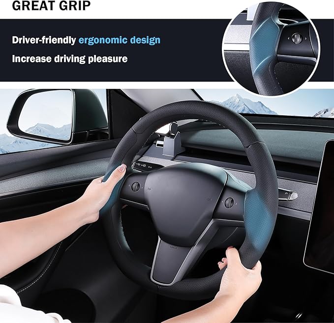Steering Wheel Cover for Tesla Model 3 (2017-2023) / Model Y (2020-2024),Anti-Slip,Comfortable Grip, Breathable,Customized for Tesla Model 3/Y Accessories,Nappa Black