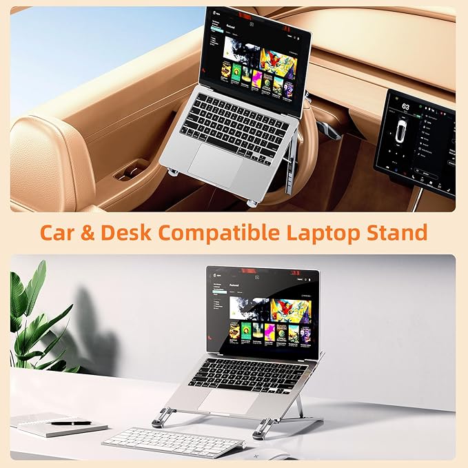 Foldable Car Laptop Holder, Adjustable Car Laptop Mount for Steering Wheel Tray Holder, Metal Notebook stand| Car Reading Stand | Car Tablet Holder, Multipurpose Travel Car Accessories-Silver