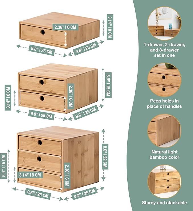 Set of 3 Bamboo Organizer Desktop Drawers - 1, 2, 3 Drawer Storage Organizer Ideal for Desk Accessories, Office Supplies, Mak