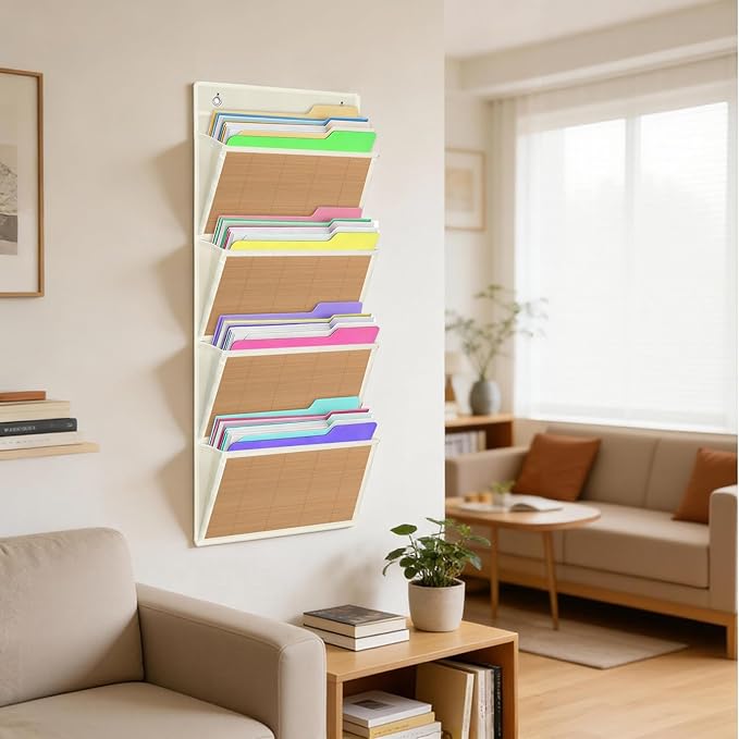 homyfort hanging wall file organizer, Over the door file folder organizer with 4 Large Bamboo Pockets, Suitable for Home, Off