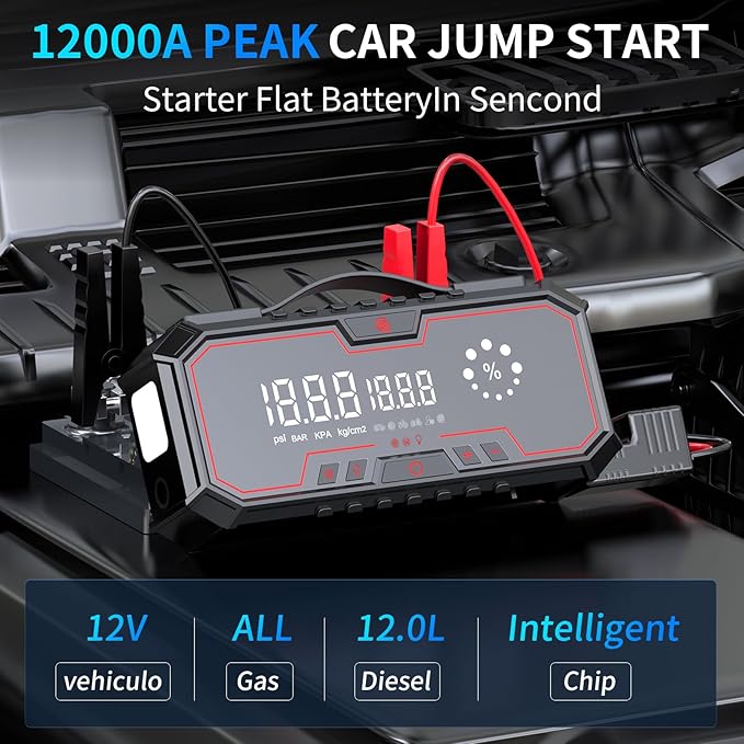 Jump Starter with air Compressor, 5000A Emergency Starter Jump Box (Gas 9L/Diesel 8L), Jumper Cable Jump Starter Portable with air Compressor 160PSI, car Roadside Emergency kit, SOS Light