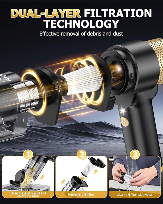 AHNR Handheld Car Vacuum Cleaner Cordless with 16000PA Powerful Suction, 4-in-1 Portable Mini Vacuum Cleaner & Air Duster wit