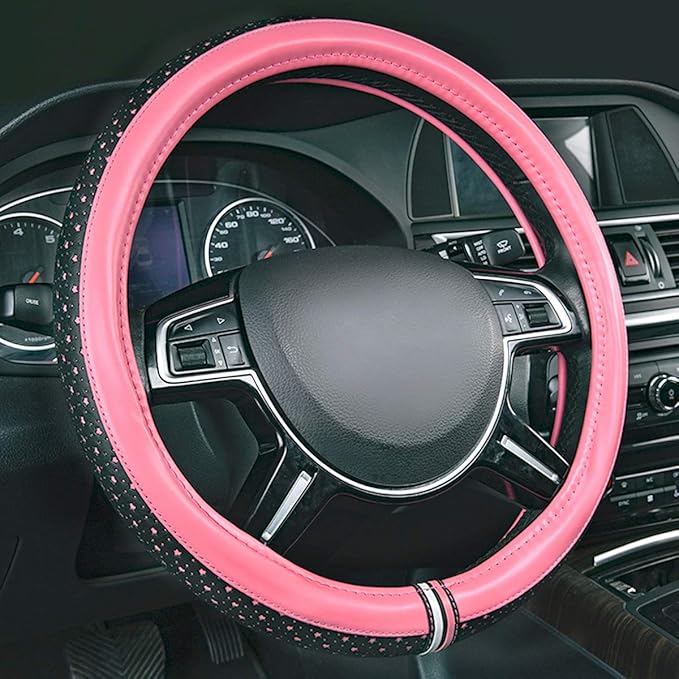 CAR-GRAND Leather Steering Wheel Cover, Double Layers with Piping Stars Design, Universal 14.5-15 Inch Anti-Slip Odorless Car