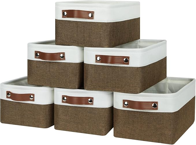 HNZIGE Small Fabric Storage Bins (6 Pack) - Foldable Decorative Baskets with Handles, Empty Gift Baskets for Storage (Brown &