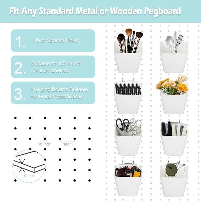 8 Pack Large Pegboard Bins with Hooks, Square Box Shape Peg Board Cups and Peg Board Accessories for Craft Room, Playroom, Of