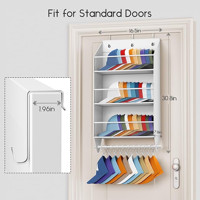 Homsorout Over the Door Hat Rack - 3-Layer Design Hat Organizer Holds 30-36 Hats with 10 Hooks, Ideal Hat Rack for Door, Over