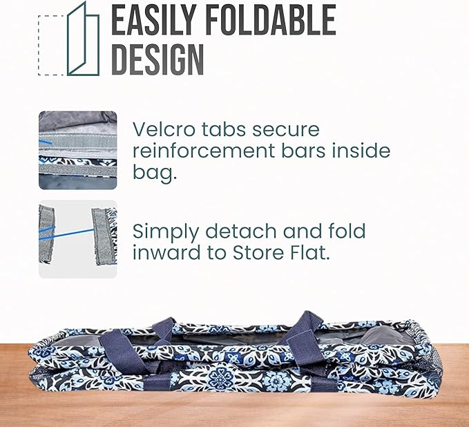 Extra Large Utility Tote Bag - Oversized Collapsible Reusable Wire Frame Rectangular Canvas Basket With Two Exterior Pockets For Beach, Pool, Laundry, Car Trunk, Storage - Blue Snowflake