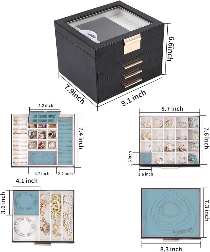 BOOVO Clear Lid Jewelry Box,4 Layers Jewelry Organizer Large Jewelry Storage Box with 3 Drawers,Jewelry Holder Organzier of R