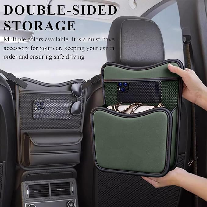 Car Organizer Storage Between Seats, Leather Large Capacity Automobile Handbag Hanging Store Content Bag, Auto Console Organizer Holder for Snack Phone Document Storages, Car Accessories (Black)