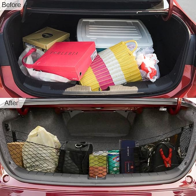 Cargo Net for Car, Expandable 3 Pocket Heavy-Duty Cargo Net Organizer, Black Mesh Storage Pocket with 4 Metal Carabiners Univ