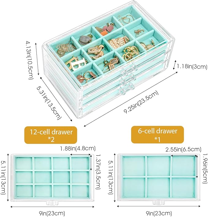 ProCase Earring Holder Organizer Jewelry Box with 3 Drawers, Acrylic Clear Earring Case with Adjustable Velvet Trays for Wome