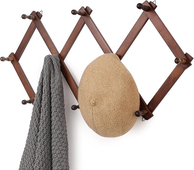 SCUNDA Wall Rack with 10 Hooks, Wooden Wall Expandable Coat Rack for Coat, Hats, Baseball Caps, Coffee Mug, Jewelry(Brown)