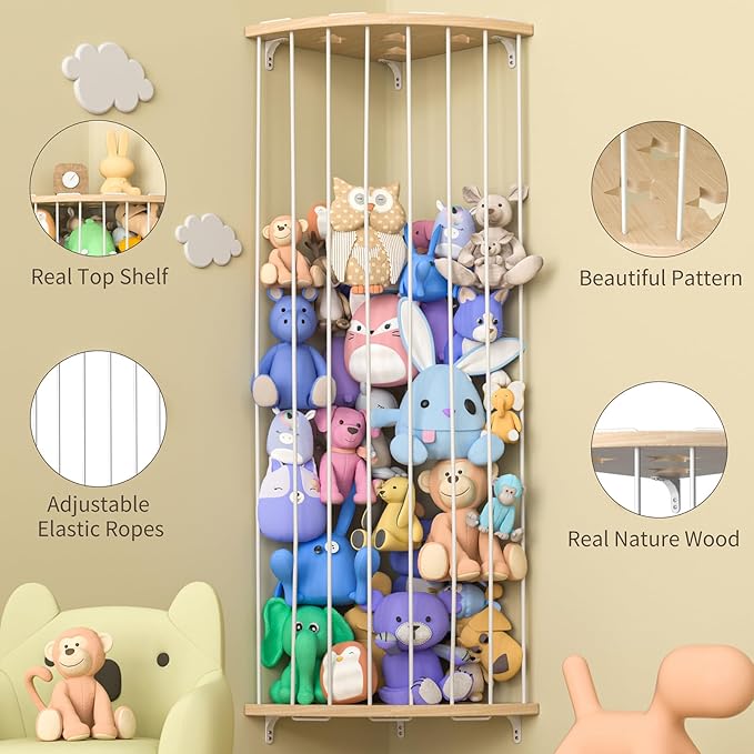 Jtksfcl Stuffed Animal Storage Wood Corner Plush Toys Holder with Star Pattern, Length Adjustable Hanging Stuffed Animal Toy 