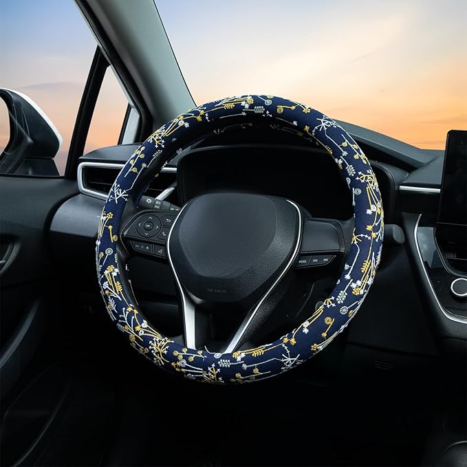 Navy Spherical Flowers Steering Wheel Cover Auto Steering Wheel Protector, Anti-Slip, Absorbing Sweat, Universal Flowers Car Accessories 14.5–15 inch,Fit for Most Car, Trucks, SUV