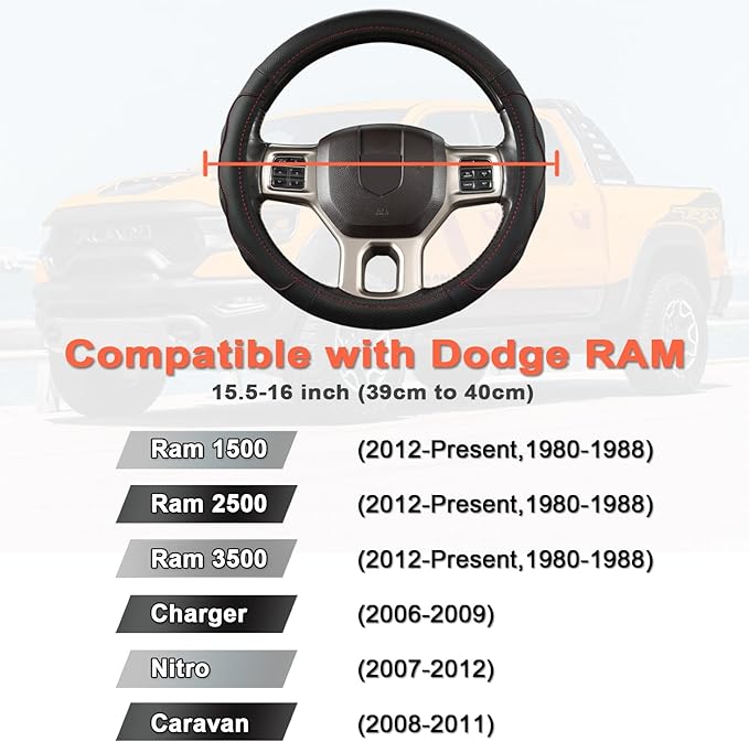 West Llama Customized Auto Car Steering Wheel Cover with 3D Texture for Dodge RAM 1500 2500 3500, 15.5-16 inch (Black+Red Lin