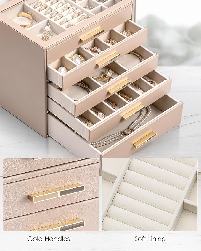VLANDO 5 Layer Jewelry Box for Women, Glass Lid Jewelry Organizer with 5 Drawers for Necklaces Rings Earrings Bracelets - Tof