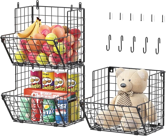 X-cosrack Metal Wire Basket Wall Mount, 3 Tier Wall Storage Organizer with 5 S Hooks, Kitchen Fruits and Vegetables Bin Toys 