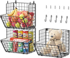 X-cosrack Metal Wire Basket Wall Mount, 3 Tier Wall Storage Organizer with 5 S Hooks, Kitchen Fruits and Vegetables Bin Toys 