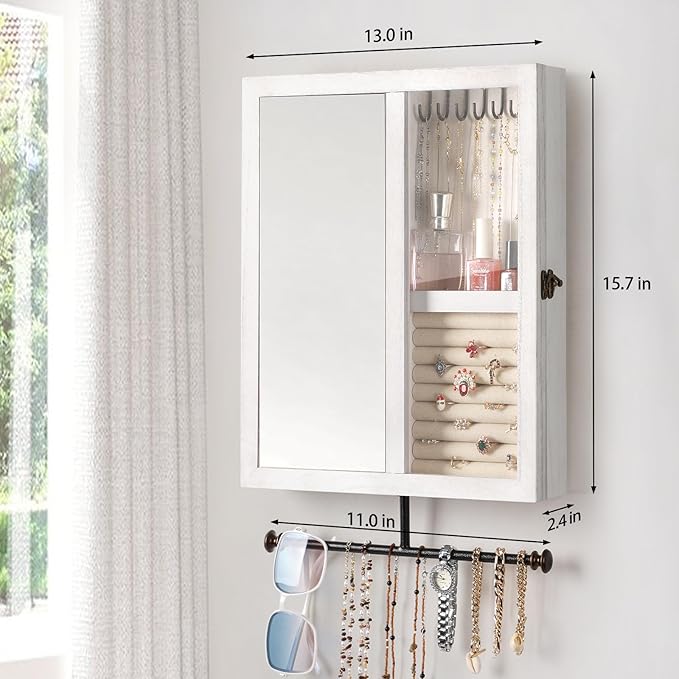 Keebofly Wall Jewelry Organizer Cabinet with Mirror,Rustic Wood Storage for Necklaces, Earrings, Bracelets & Rings, Large-Cap