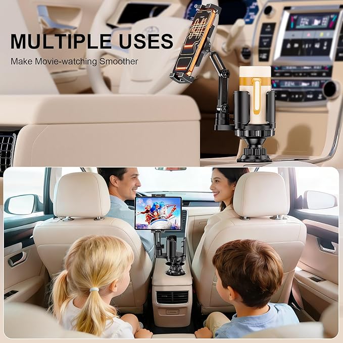 Tablet Holder for Car, 3 in 1 Cup Holder ipad Car Mount with Expander, Adjustable Base and Long Arm with 360°Rotation Phone ipad Holder Compatible for 4-12.9‘’ Tablet, All Smartphones and Most Bottles