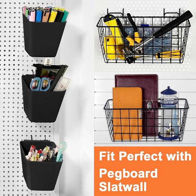 Pegboard Basket Organizers, Peg Board Large Baskets Hooks Bins Cups Tool Organizer 6 Pack Set, Wall Storage Display Hanging A