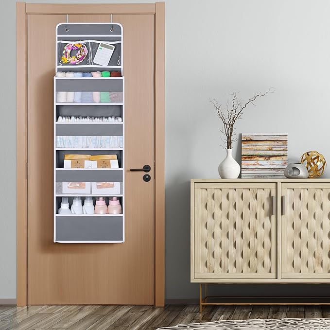 Univivi Over The Door Organizer, 5 Shelf Door Hanging Organizer Nursery Door Storage with 4 Large Compartments and 2 Small PV