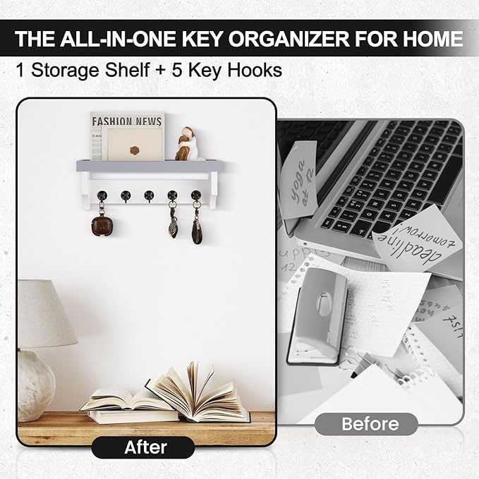 Key and Mail Holder Wall Mount, Key Holder with Shelf and Mail Organizer Wall Mount. Mail Holder with 5 Hooks for Coat, Dog L